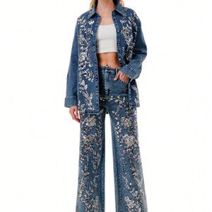 Blue Casual Women's Floral Sequin Party Denim Jacket & Jeans Vacation Set